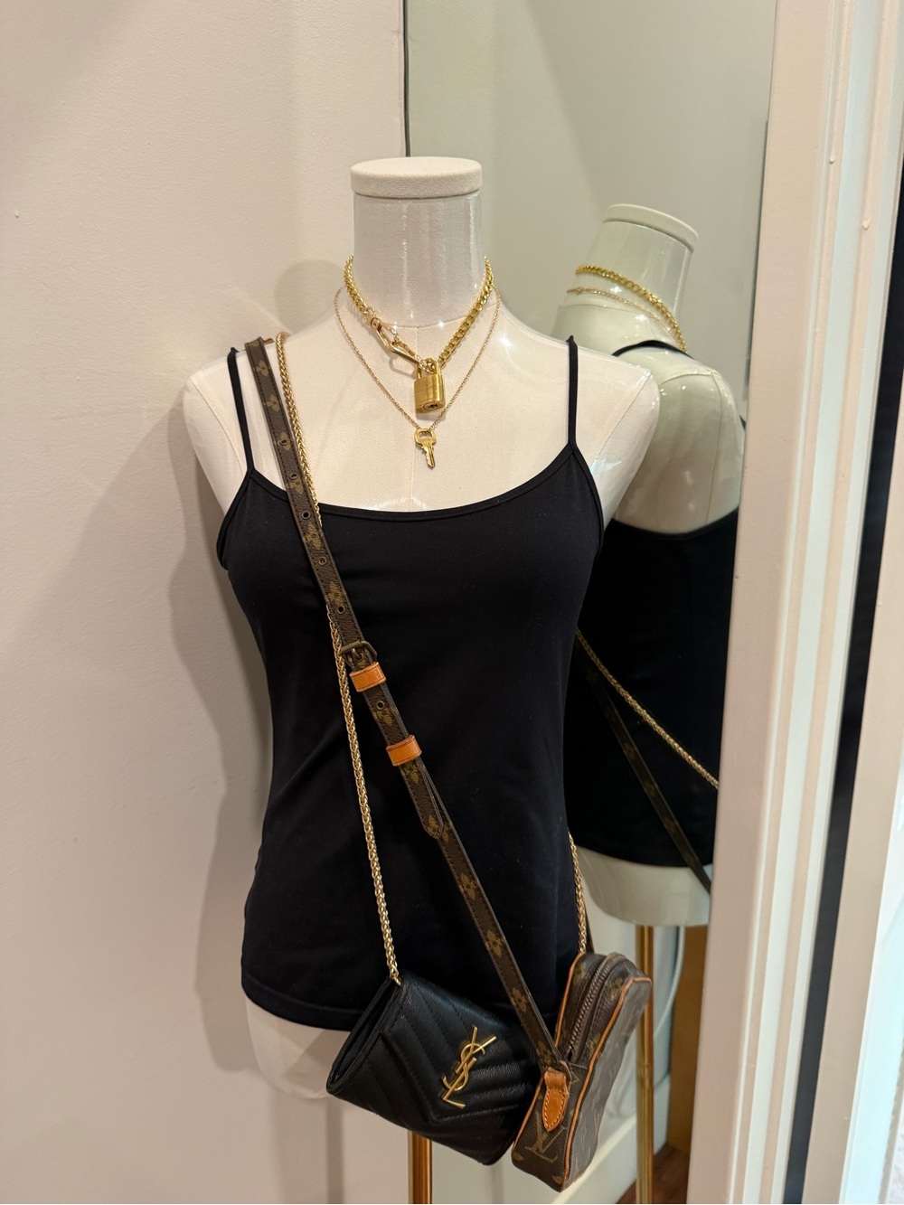 Louis Vuitton Gold Padlock and Key Layered Necklace #308 with unbranded necklace